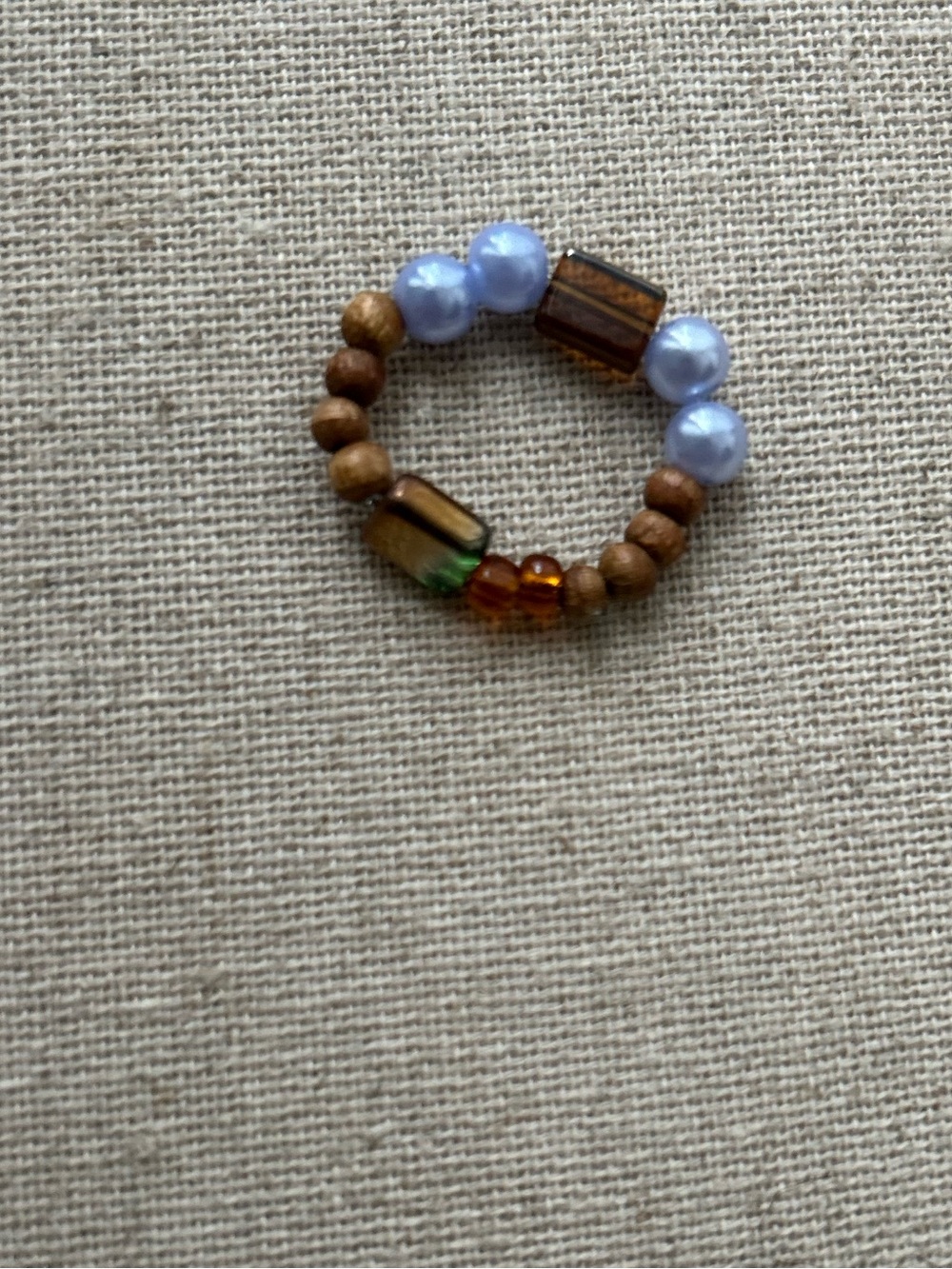 Handcrafted Beaded Stretch Ring in Light Blue and Brown